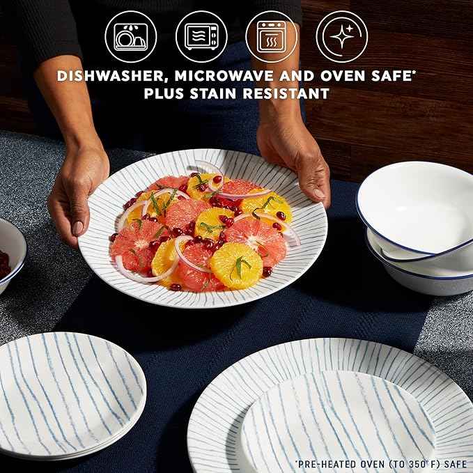 Corelle 18-Piece Dinnerware Set Service for 6, Lightweight Round Plates and Bowls Set, Vitrelle Triple Layer Glass, Chip Resistant, Microwave and Dishwasher Safe, Nautical Stripes