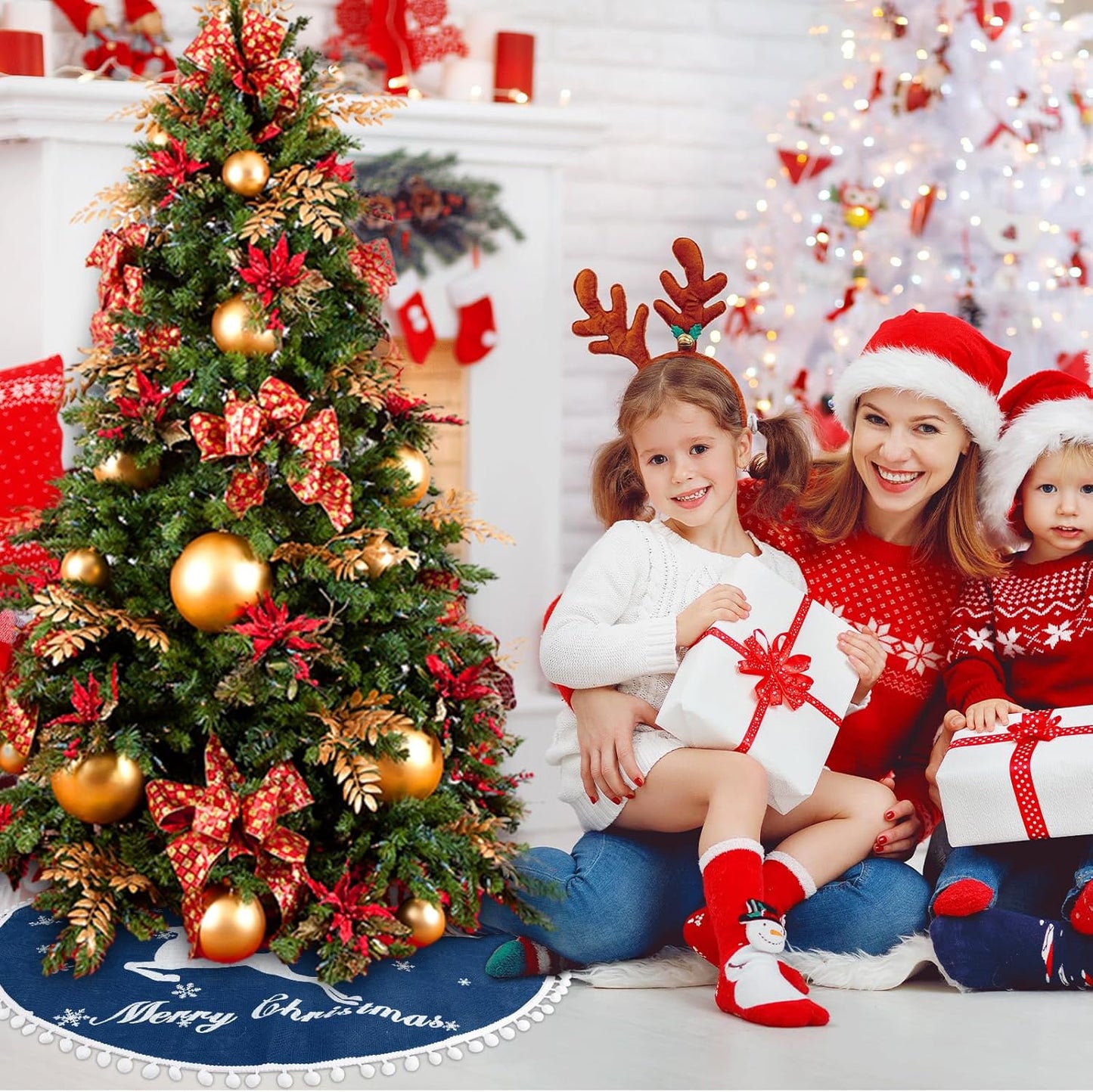 36 Inch Christmas Tree Skirt, Burlap Blue Christmas Rustic Tree Skirt with Elk Deer and White Snowflake Printed for Holiday Party Xmas Tree Decoration