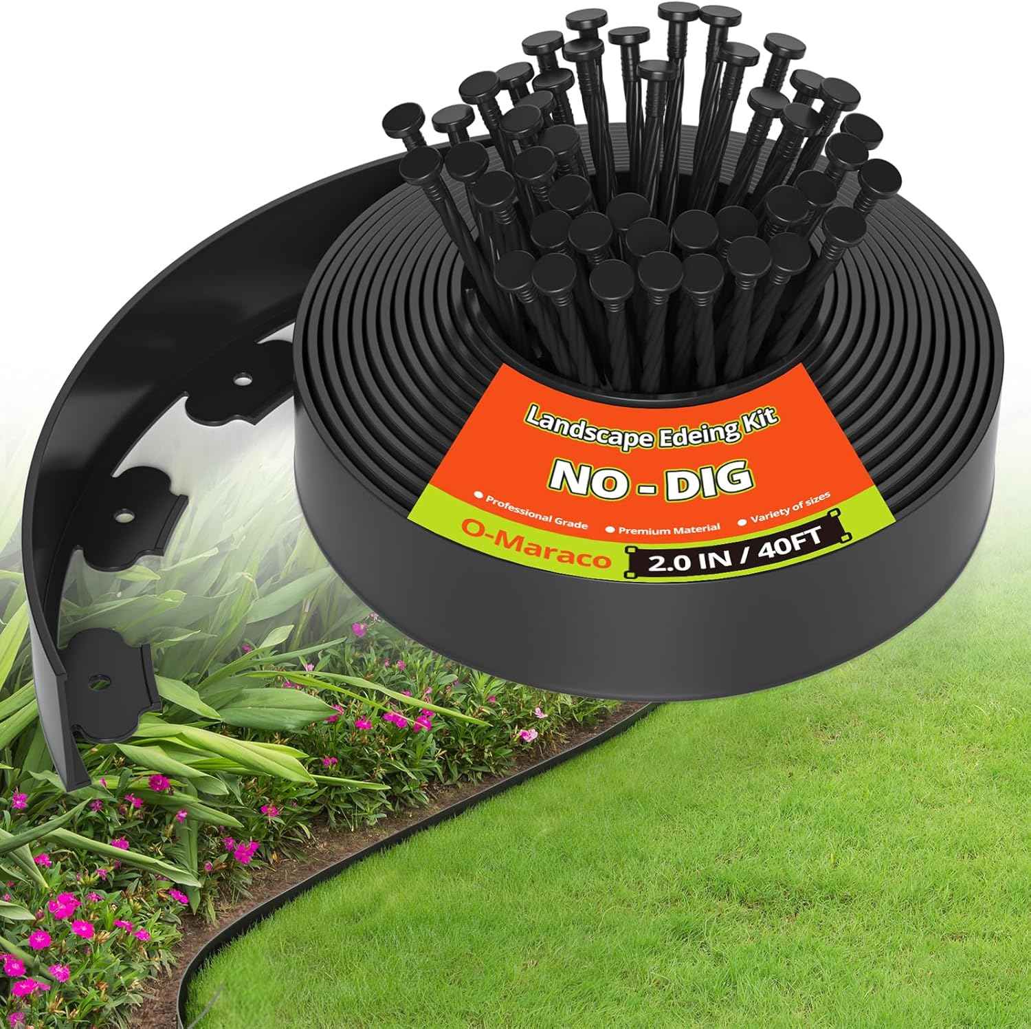 40FT Landscape Edging No-Dig, 2 Inch Tall Heavy Duty Plastic Garden Edging Border with 40 Anchoring Spikes for Lawn, Flower Bed & Decorative Yard