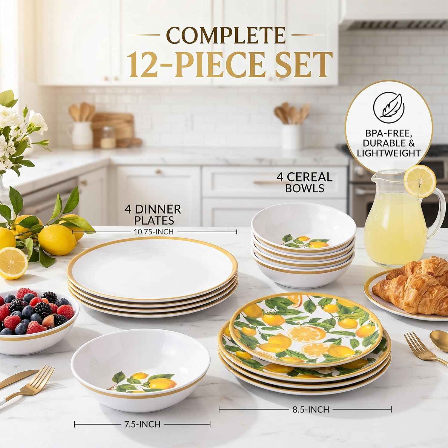 Melamine Dinnerware Sets- 12pcs Melamine Plates and Bowls Set for 4,Indoor and Outdoor Dinnerware, Lemon dinnerware set