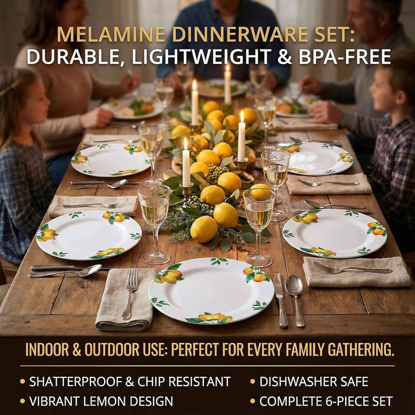 Melamine Dinner Plates 10 Inch – Lemon Print Design Dishes Set of 6,Outdoor & Indoor Use,Shatterproof & Dishwasher Safe,Perfect for Picnic, Patio, and Everyday Dining,White