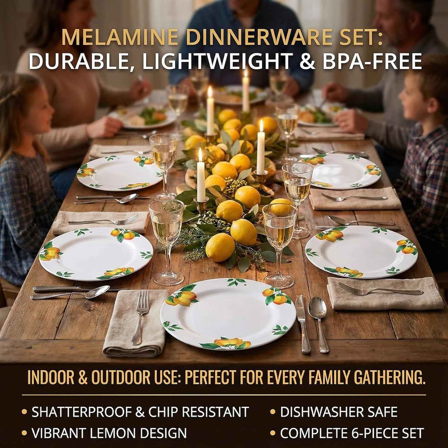Melamine Dinner Plates 10 Inch – Lemon Print Design Dishes Set of 6,Outdoor & Indoor Use,Shatterproof & Dishwasher Safe,Perfect for Picnic, Patio, and Everyday Dining,White