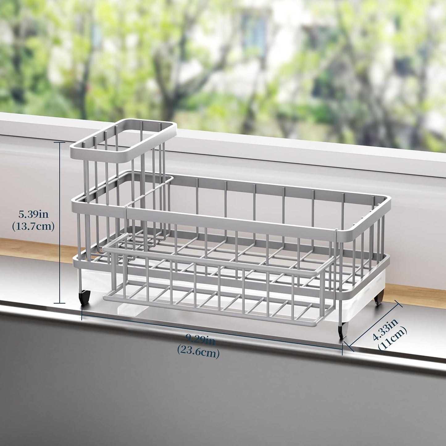 Consumest Sponge Holder for Kitchen Sink - Auto Draining Sink Caddy Organizer with Detachable Rack, High Brush Holder, Kitchen Countertop Storage Accessories, Grey