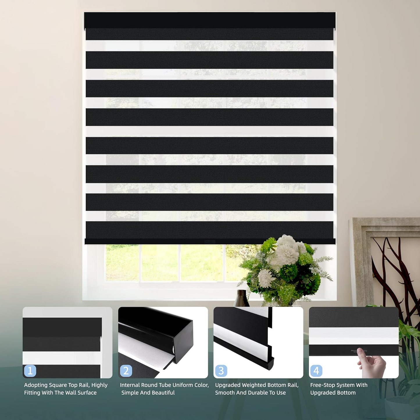 Cordless Zebra Blinds for Windows (22" W X 72" H, Black) Free-Stop Zebra Roller Shades Dual Layer Light Filtering Privacy for Day and Night, Light Control for Home, Bedroom, Office