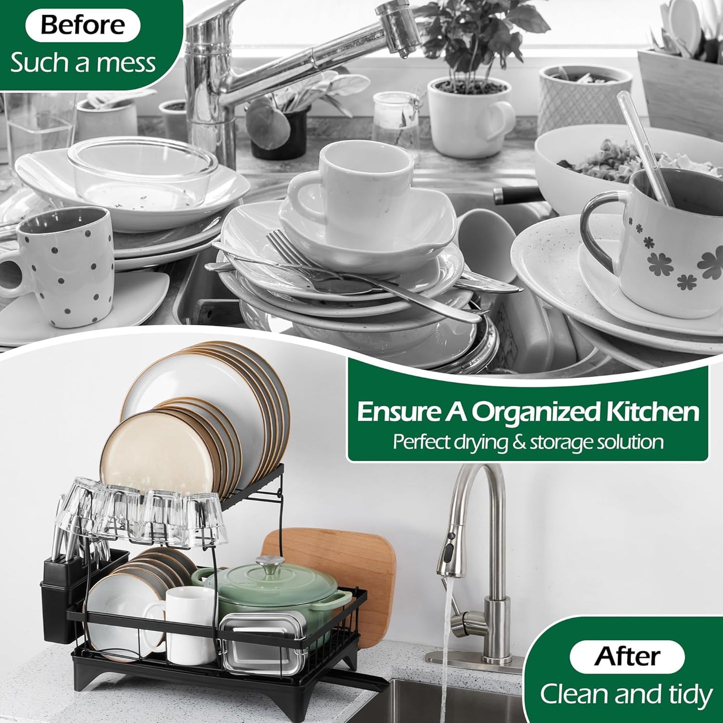 E-far Dish Drying Rack for Kitchen Counter, 2 Tier Small Dish Drainer Drying Rack, 16.7" x 11.8" x 13.9" Metal Organizer with Drainboard and Utensil Holder, Large Capacity & Space Saving, Black