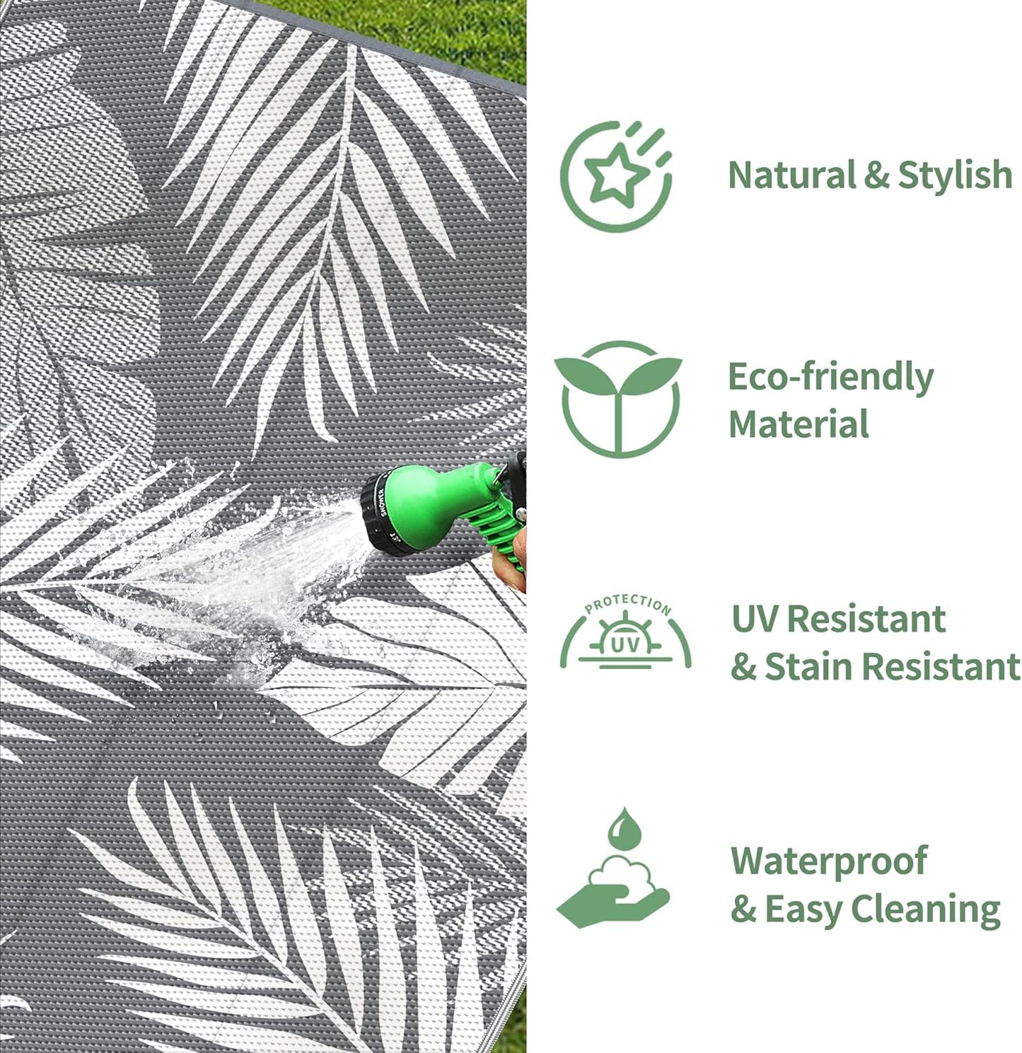 GENIMO Outdoor Rug 8' x 16' Waterproof for Patios Clearance, Reversible Outdoor Plastic Straw Camping Rug Carpet, Large Area Rugs Mats for RV, Camper, Deck, Balcony, Porch, Beach, Picnic, Grey&White