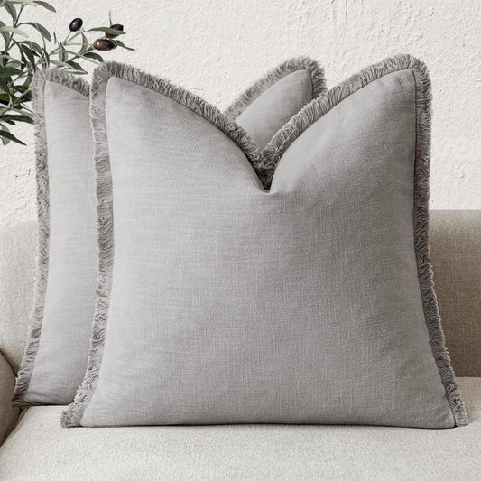 Foindtower Set of 2 Decorative Linen Fringe Throw Pillow Covers Cozy Farmhouse Cushion Cover with Tassels Accent Pillowcase for Couch Chair Sofa Bed Living Room Home Decor,18×18 Inch,Light Rustic Gray
