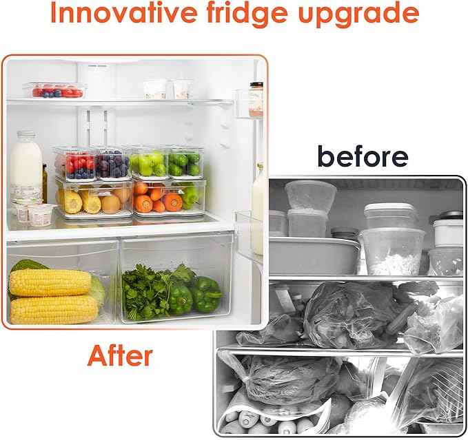 SMRCAD Fridge Organizers and Storage, 6 Pack Clear Freezer Organizer Bins with Lids for Kitchen, Pantry, Refrigerator, Food, Fruit, Vegetable Storage