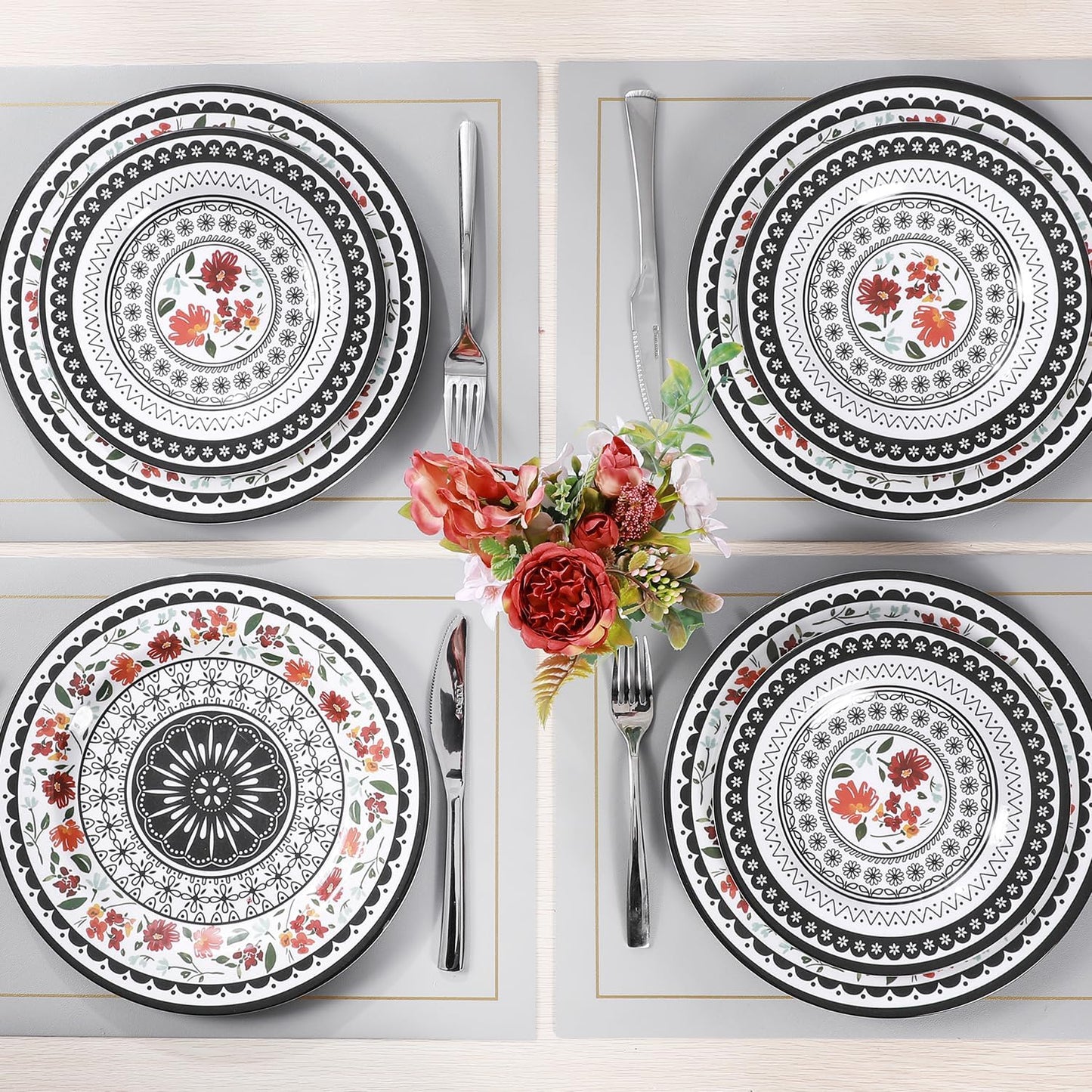 12-Piece Melamine Dinnerware Sets, Unbreakable Dinner Dishes Set for Indoor and Outdoor Use, Dishwasher Safe, Lightweight Dinner Service for 4, Black and White