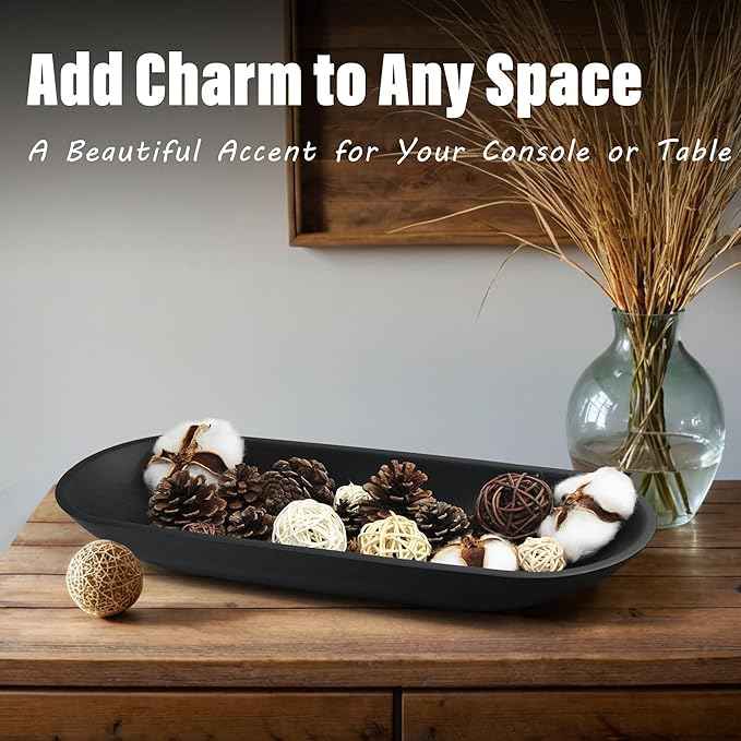 LIN CHUAN Large Decorative Bowl for Home Decor - Long Dough Bowl with Anti Slip Base for Table Centerpieces - Black Minimalist Design Dough Decor Bowl for Coffee Table, Dining Table Centerpiece