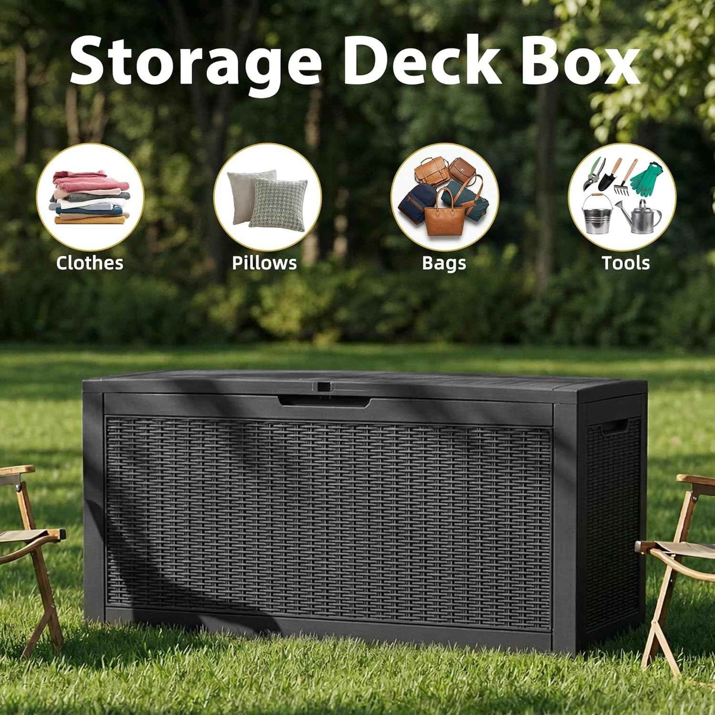 Waterproof Outdoor Storage Box, 125 Gallon Lockable Deck Box, UV-Resistant Outside Storage Bin with Hydraulic Lid for Patio Furniture, Cushion Organizer, Garden Tool, Pool Accessories, Black
