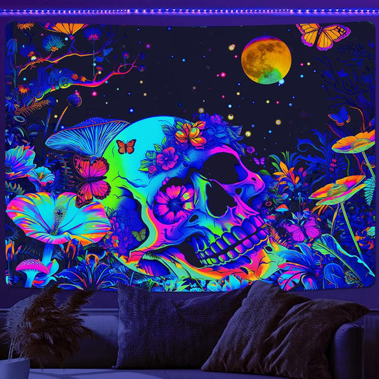 Xiaoput Skull Skeleton Tapestry for Bedroom, Glow in the Dark Black Light Poster, 60x40IN