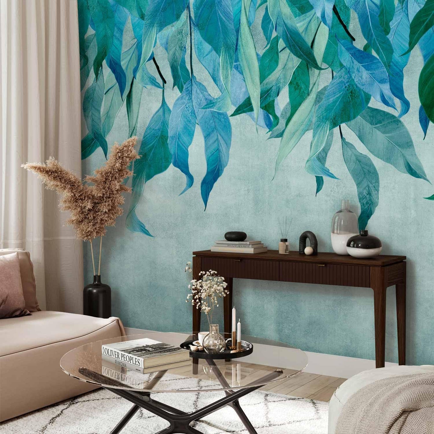 artgeist Wall Mural Hanging Leaves 79x55 in - Non-Woven Wallpaper Fleece Wall Decor Photo Print Picture Image Design Nature Botanical Concrete Green Blue b-C-10146-a-b