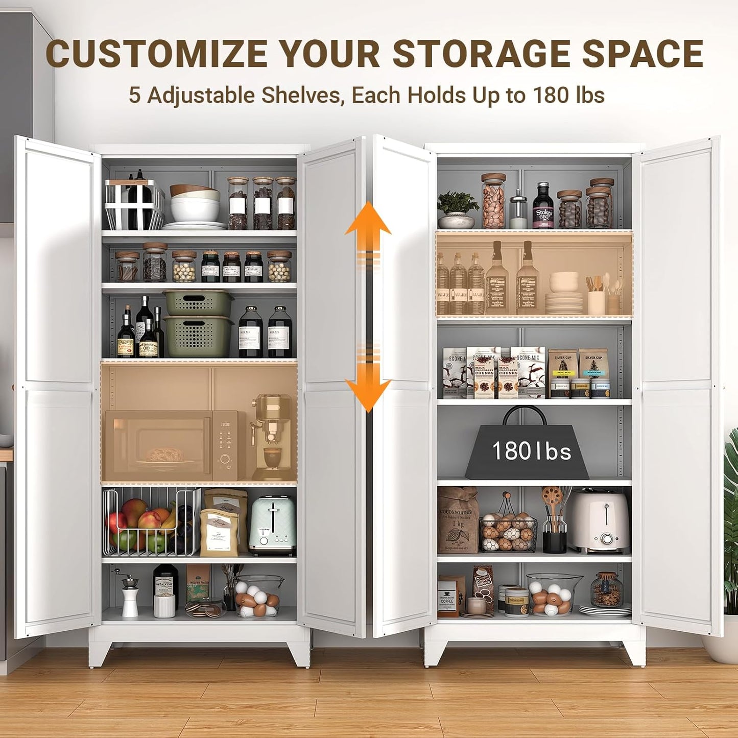 75" Tall Metal Kitchen Pantry Cabinet, Freestanding Steel Storage Cabinet with Doors, 5 Adjustable Shelves, for Dining Room, White