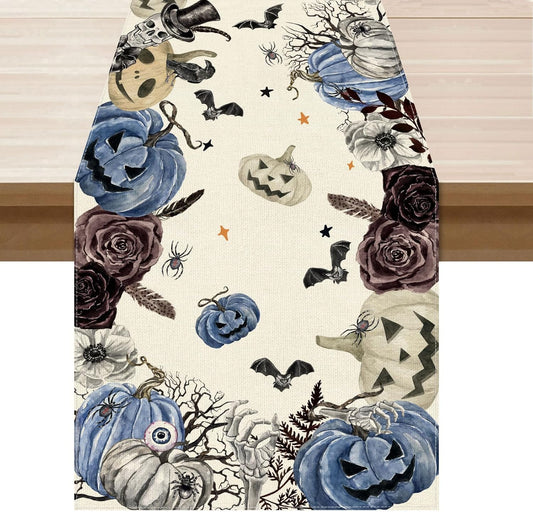 XCHI Spooky Blue Pumpkin Halloween Table Runner Party Table Decoration for Home Kitchen Dining Holiday Decor 13x36 Inch