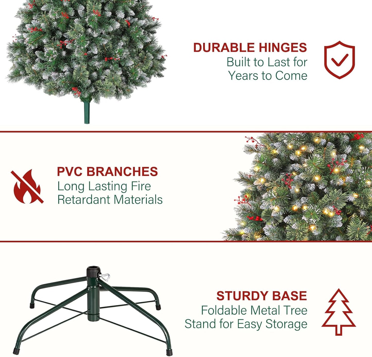 Hykolity 7.5 ft Prelit Artificial Christmas Tree, Partially Frosted Christmas Pine Tree with Red Berries, 350 Warm White Lights, 1372 PVC Branch Tips, Metal Stand and Hinged Branches
