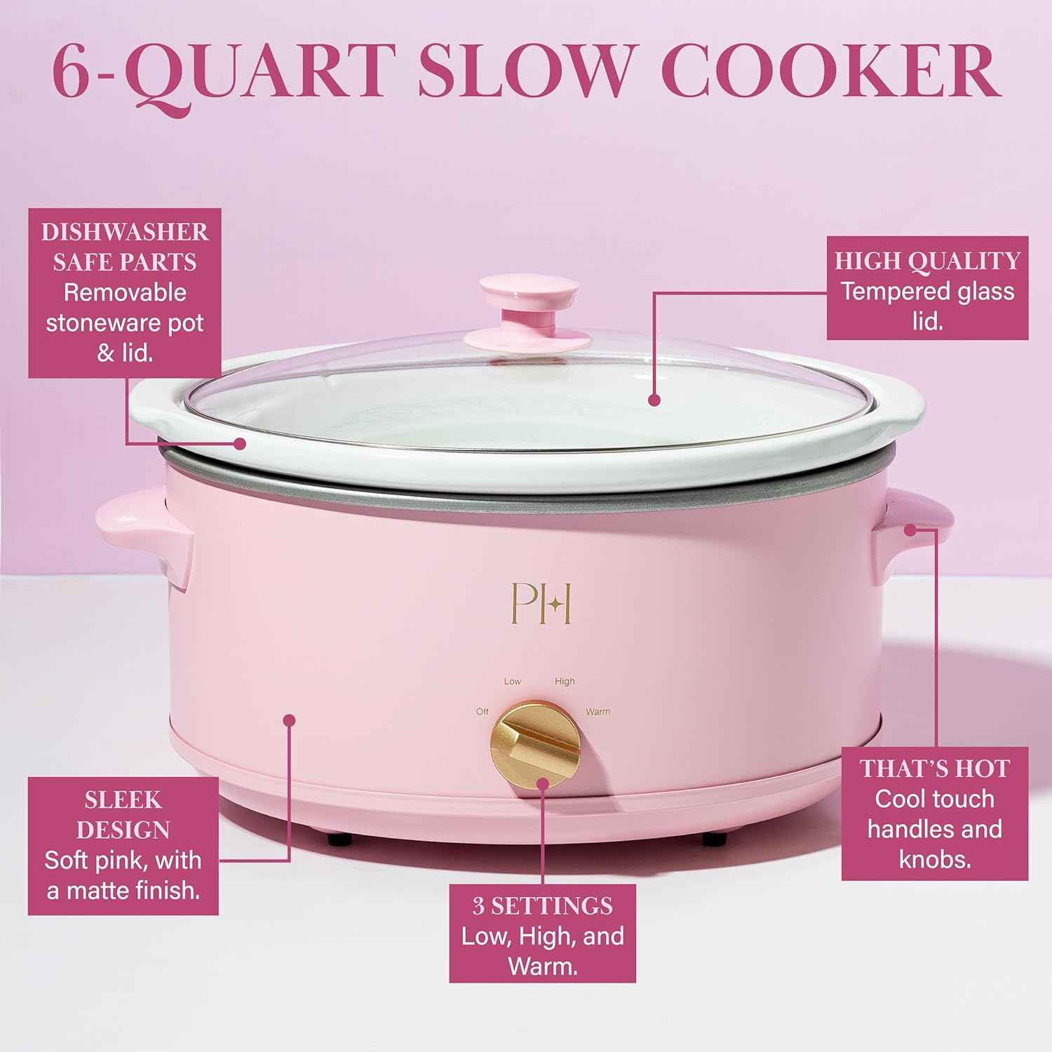Paris Hilton 6-Quart Manual Slow Cooker, Features Three Settings (Low, High, Warm), Naturally Nonstick and Dishwasher Safe Stoneware Insert, Family Sized Capacity, Pink