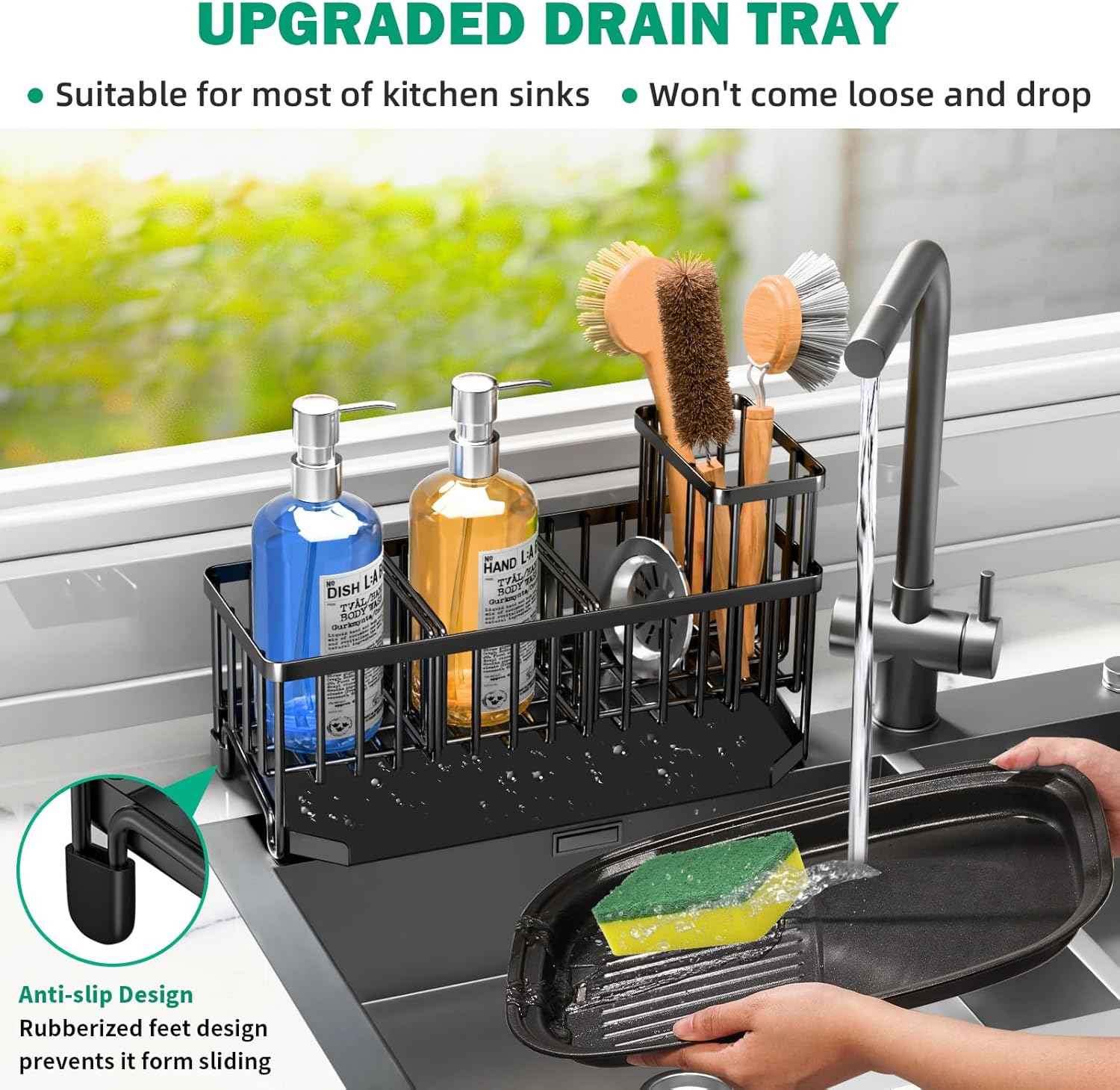 TomCare Extra Large 11'' Sink Caddy With Drain Tray Non-slip Kitchen Sink Organizer With 2 Adjustable Dividers High Brush Holder Rustproof Sponge Holder Kitchen Storage Accessories for Counter