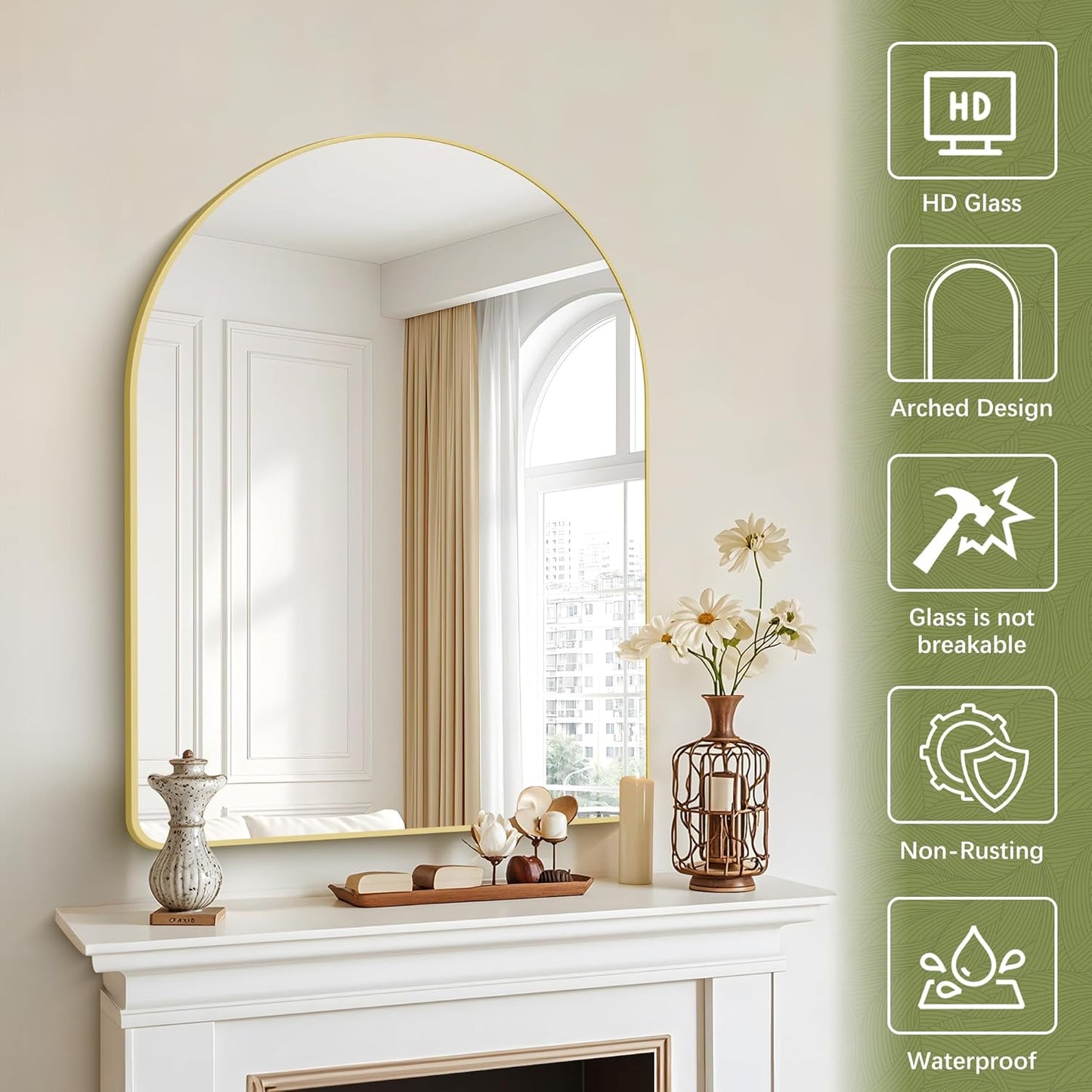 Arched Bathroom Mirror, 30"x40" Gold Arched Mirror for Bathroom, Wall Mounted Mirror, Gold Vanity Wall Mirror w/Metal Frame for Bedroom, Entryway, Living Room, Vertically Hanging or Leaning Against