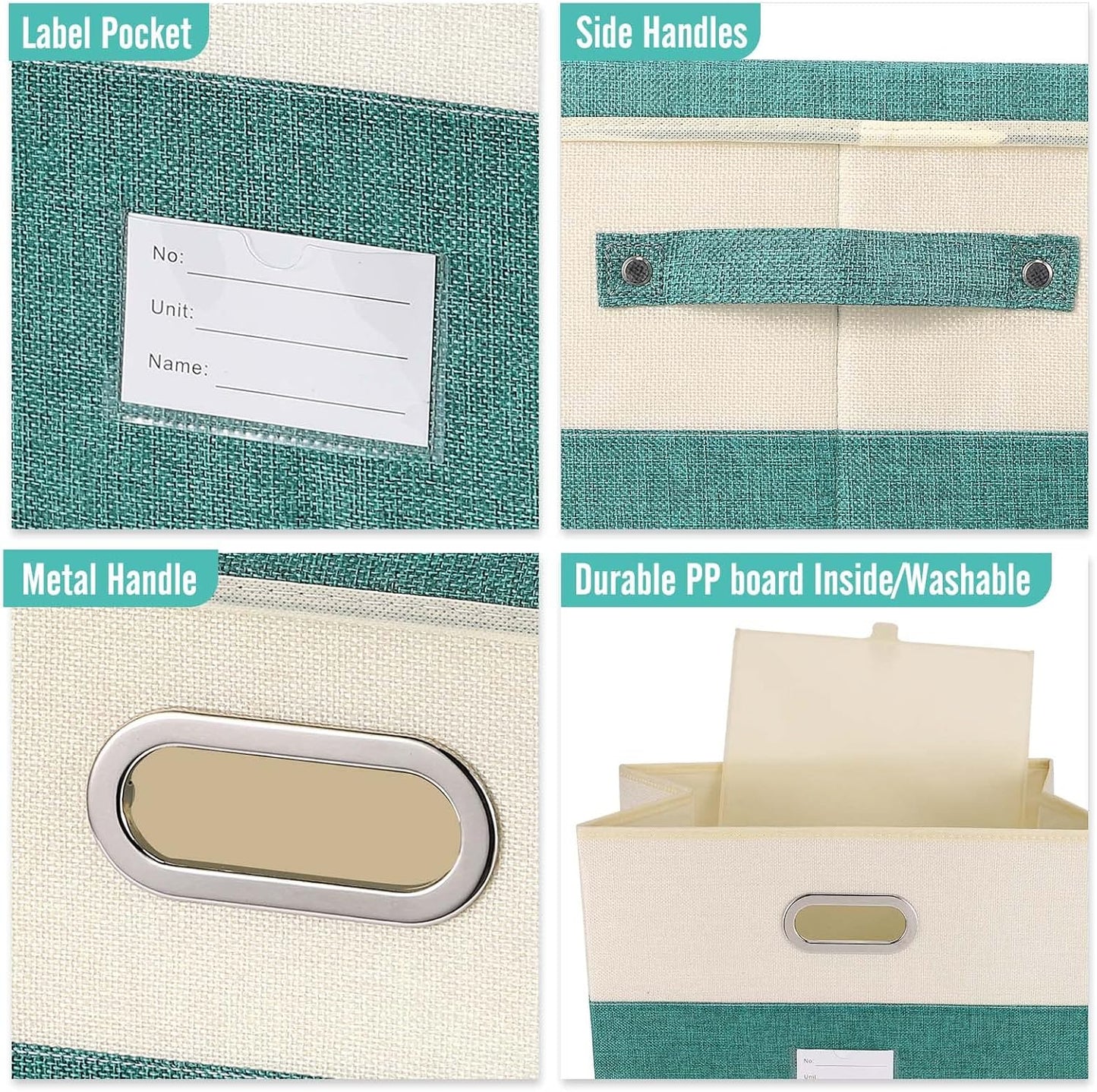 Large Linen Fabric Foldable Storage Bins with Removable Lid and Handles, Washable Storage Box Organizer Containers Baskets Cube with Cover for Bedroom,Office (Turquoise&Cream, Large(2-Pack))