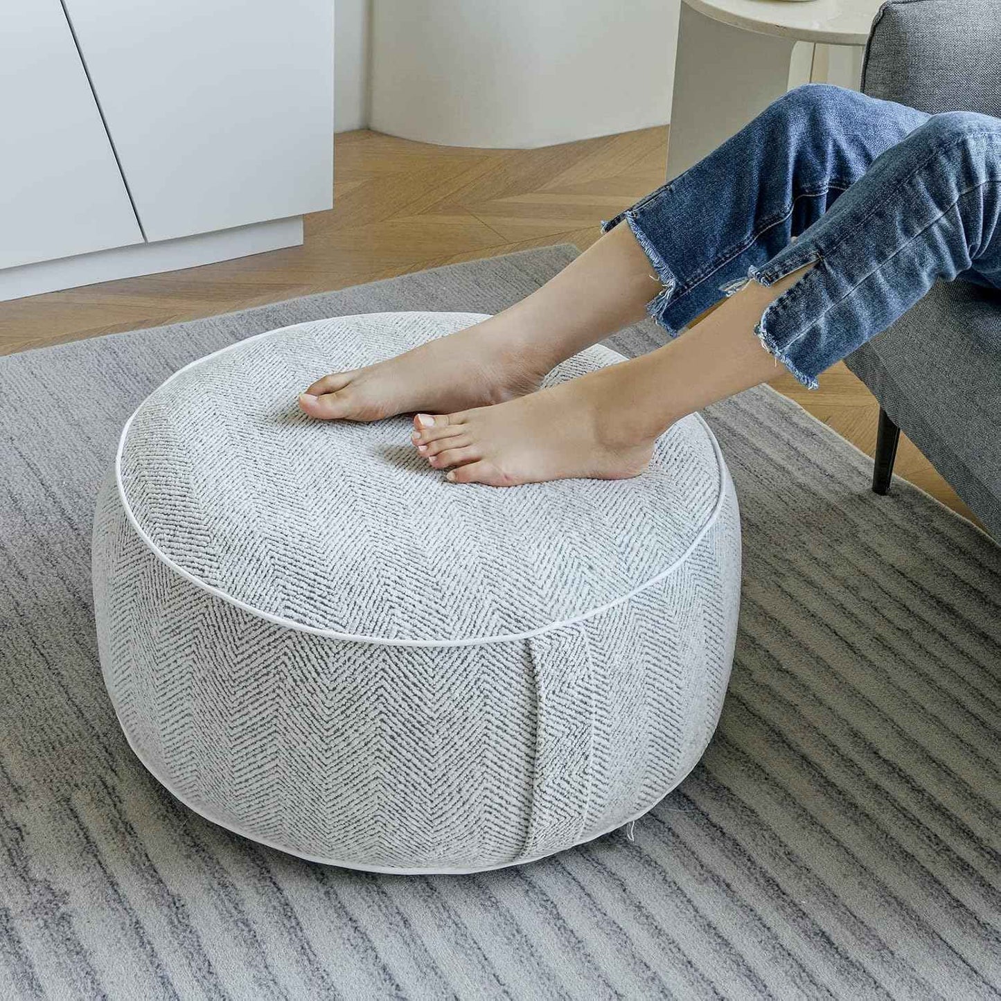 Inflatable Pouf Ottoman, 21x10 Inches Stuffed Chenille Ottoman with Inflatable PVC Liner, Foot Rest with Portable Handle, Round Floor Pillow for Living Room, Bedroom, Kids Room
