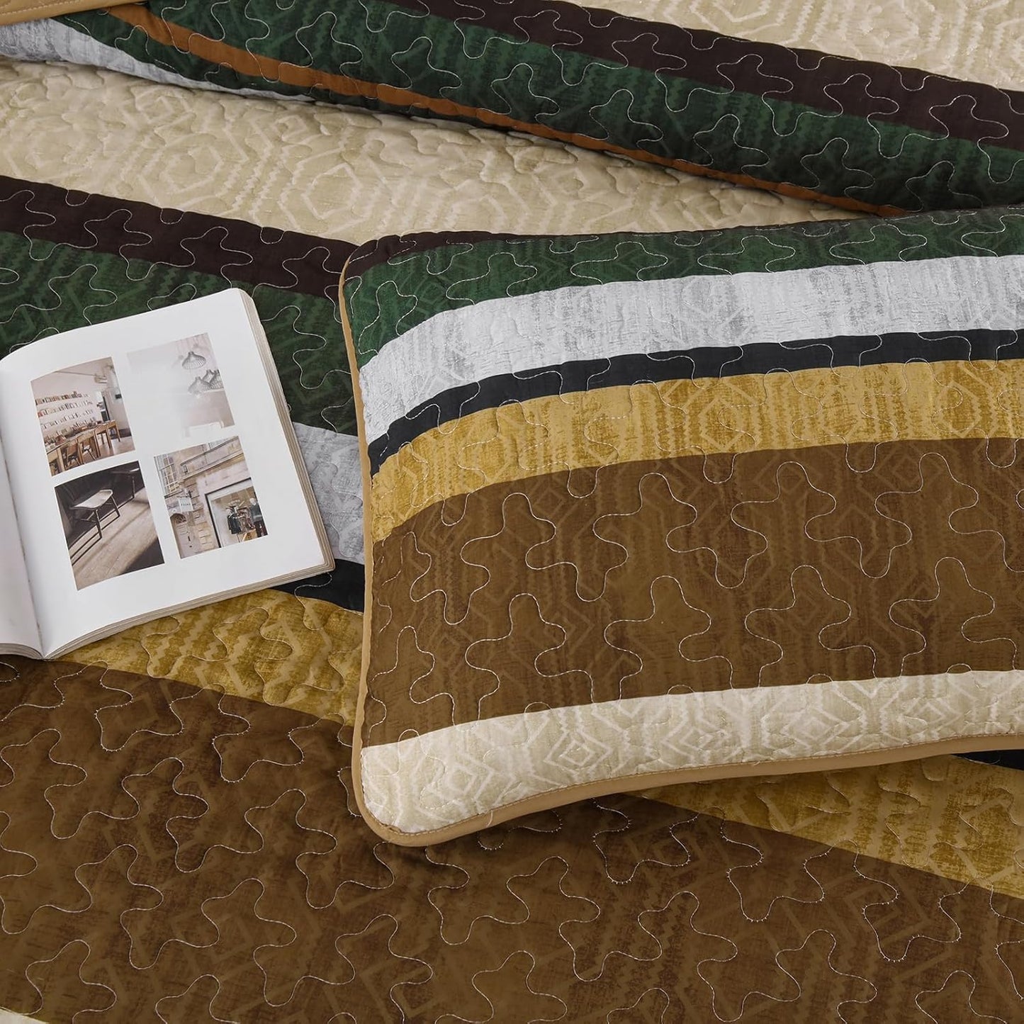 Dobuyly Brown Quilt King Size Set, Boho Fall Bedspread, Striped Bedding Sets 3 Pieces, Lightweight Soft Coverlet Bed Sets with 2 Pillow Shams 110"x90"