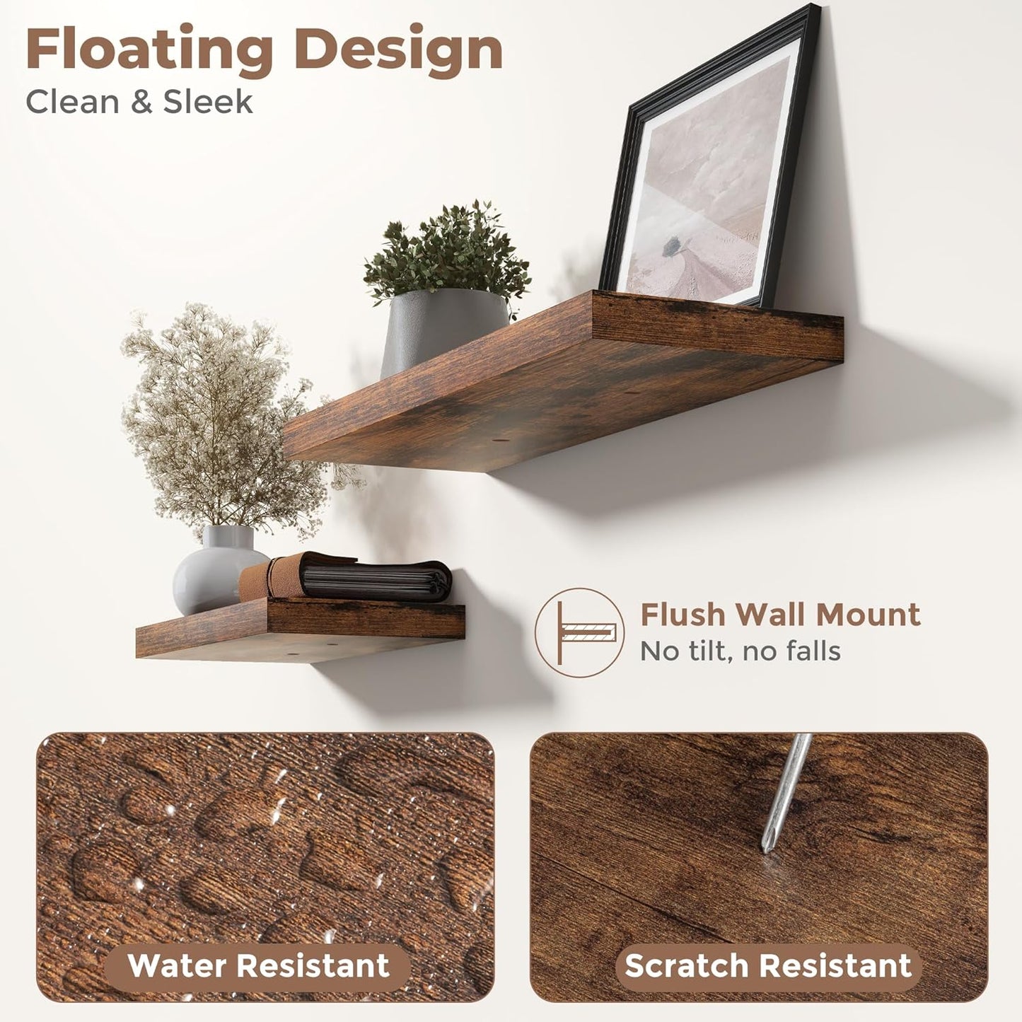 36 Inch Floating Shelves for Wall Set of 2, 8"D Wood Grain Bathroom Shelves with Invisible Brackets, Easy Install Engineered Wood Storage Shelves for Kitchen, Living Room, Bedroom, Rustic Brown Finish