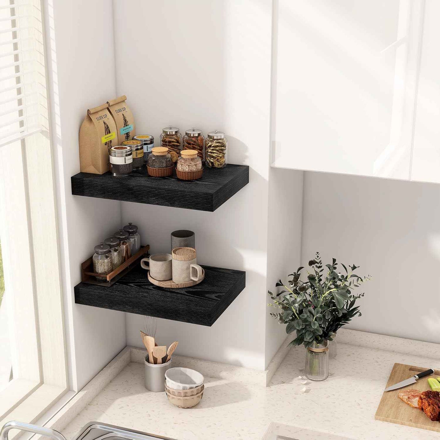 12 Inch Deep Black Floating Shelves, 16 x 12 Floating Shelf for Books, Rustic Wood Deep Wall Shelves for Home Storage & Display, 2" Thicked Shelves for Kitchen, Living Room, Bedroom, 2 Pack