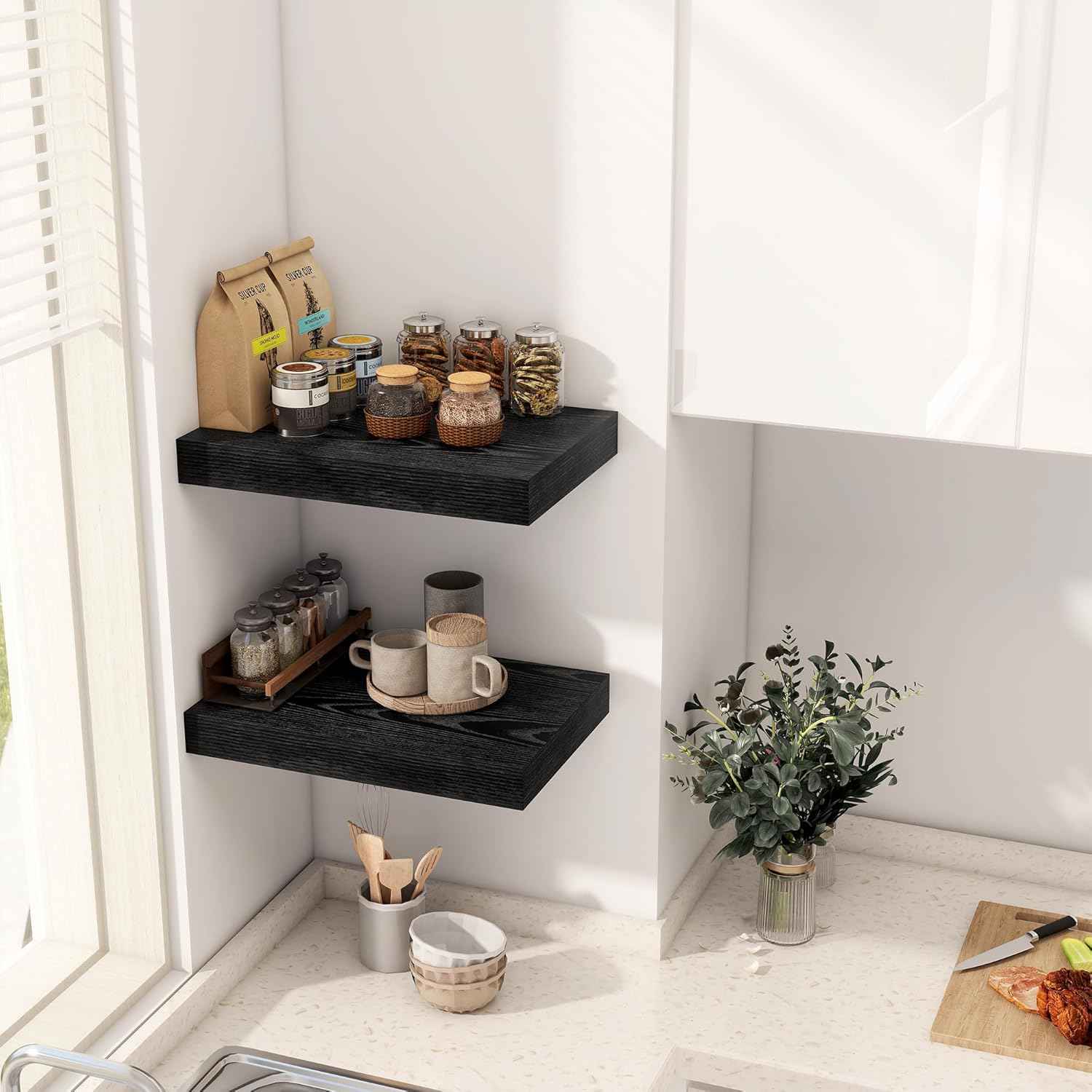 12 Inch Deep Black Floating Shelves, 16 x 12 Floating Shelf for Books, Rustic Wood Deep Wall Shelves for Home Storage & Display, 2" Thicked Shelves for Kitchen, Living Room, Bedroom, 2 Pack