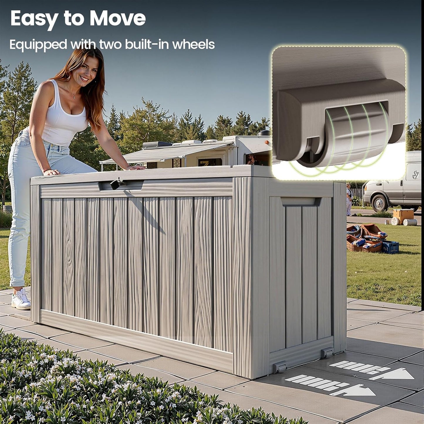 75 Gallon Outdoor Storage Box - Waterproof Resin Deck Box for Patio Cushions & Garden Tools - Lockable Indoor/Outdoor Storage Bin - Stylish Grey Design