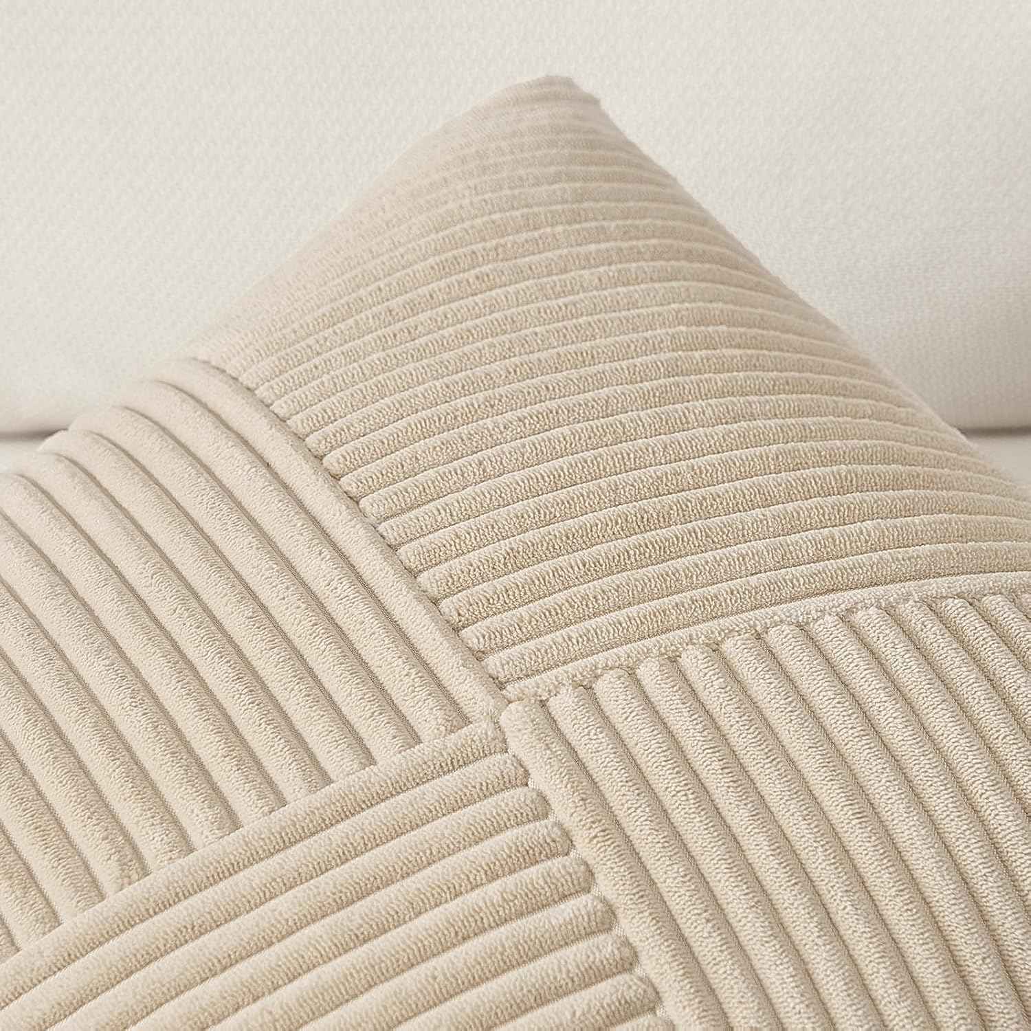 Topfinel Tan Decorative Throw Pillow Covers 18x18 Set of 2 Windmill Textured Striped Patchwork Pillow Covers Soft Corduroy Square Beige Cushion Cases for Couch Sofa Bed Boho Home Decor