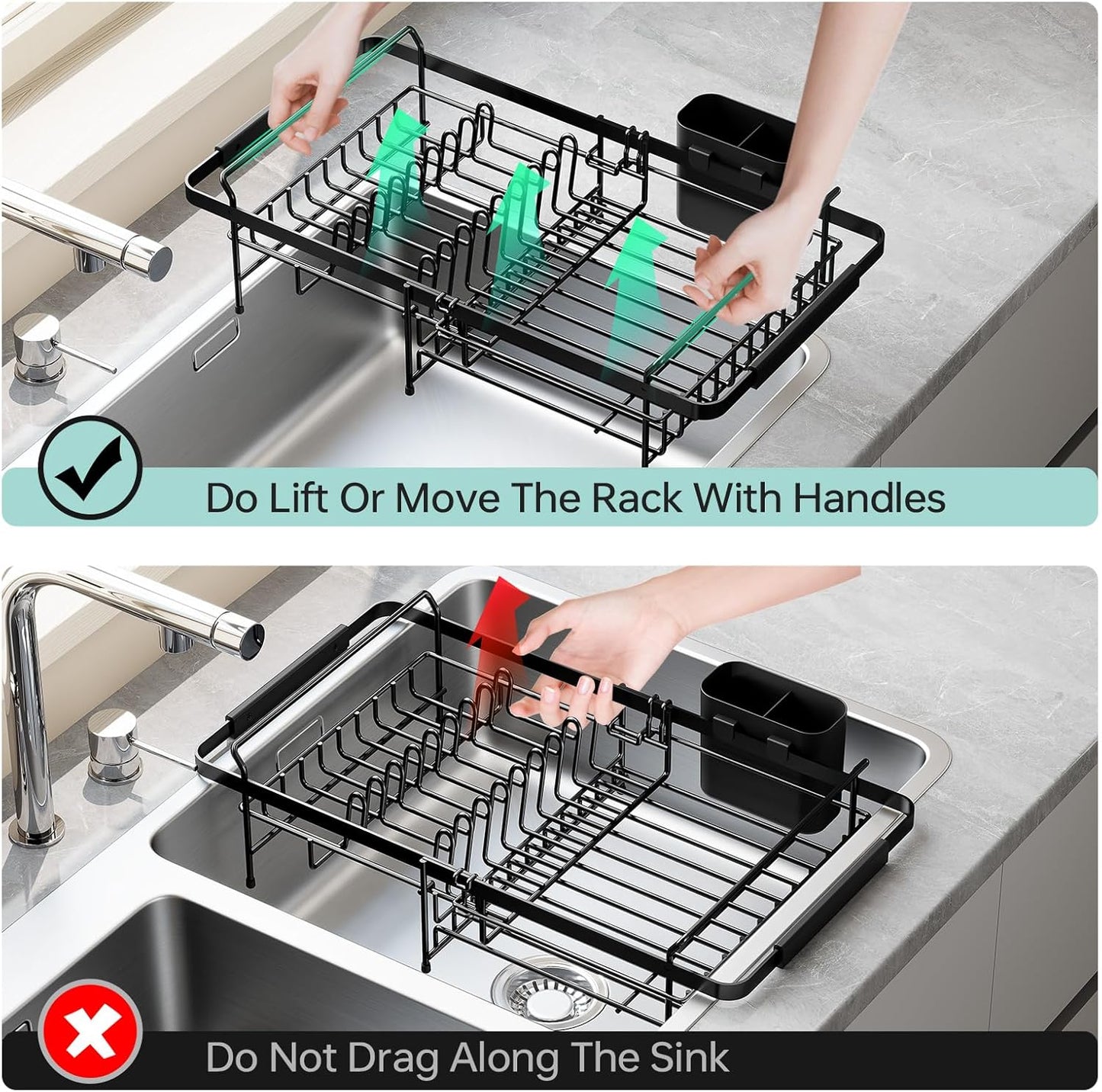 Urackify Dish Drying Rack in Sink - Expandable (14.5''-18''L) Over The Sink Dish Rack with Utensil Holder, Space-Saving Dish Drainer for Kitchen Counter, 1 Piece, Matte Black