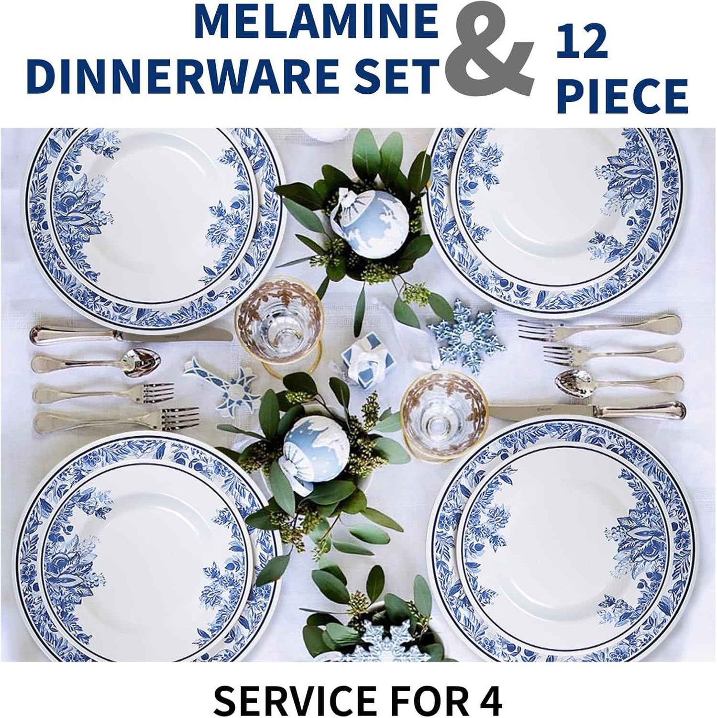 Melamine Dinnerware Sets-12pcs Floral Dinnerware Set Service for 4, Blue White Plates and Bowls Sets, Dishwasher Safe, Break-resistant, Outdoor Camping Picnics Use, Reusable, Traditional Flower