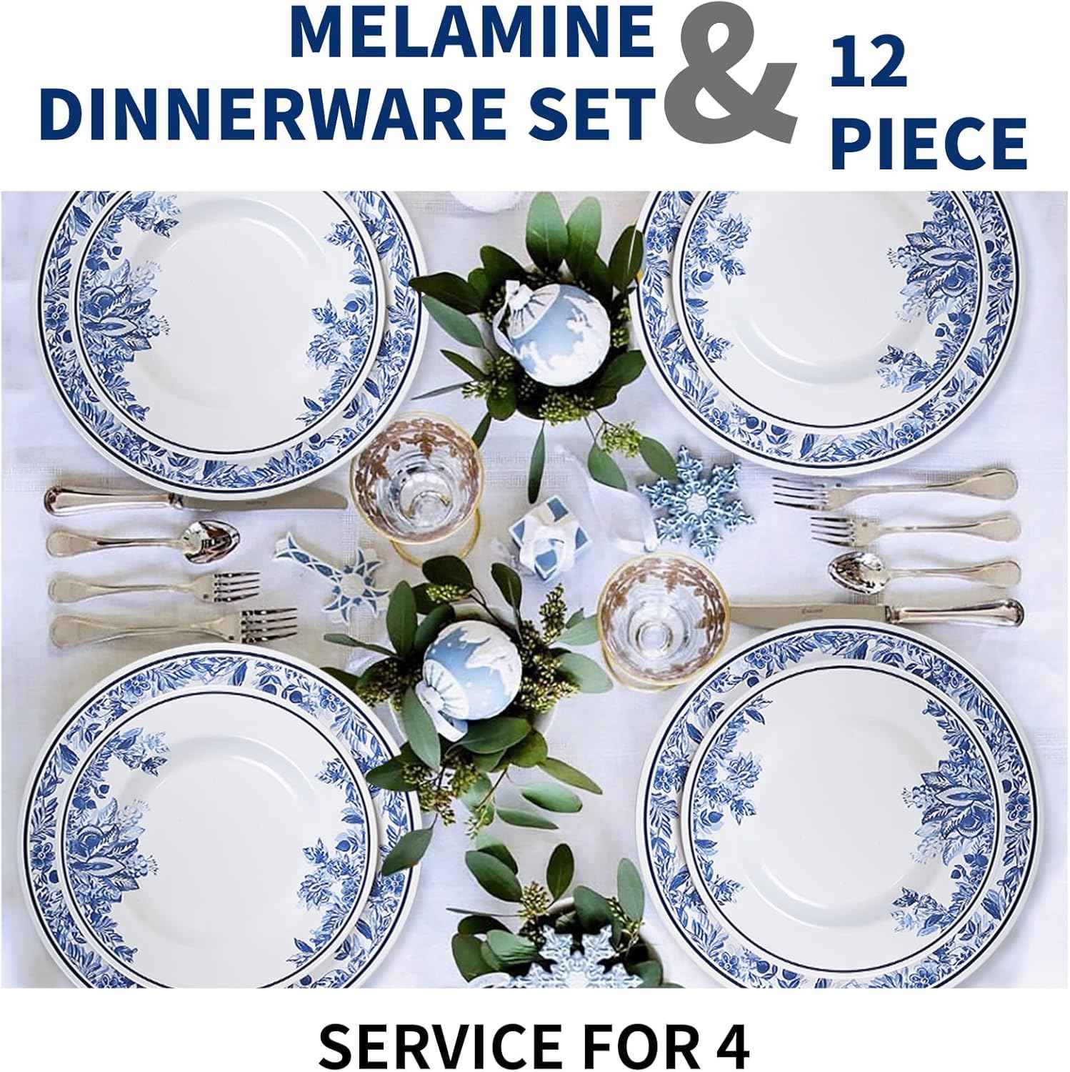 Melamine Dinnerware Sets-12pcs Floral Dinnerware Set Service for 4, Blue White Plates and Bowls Sets, Dishwasher Safe, Break-resistant, Outdoor Camping Picnics Use, Reusable, Traditional Flower