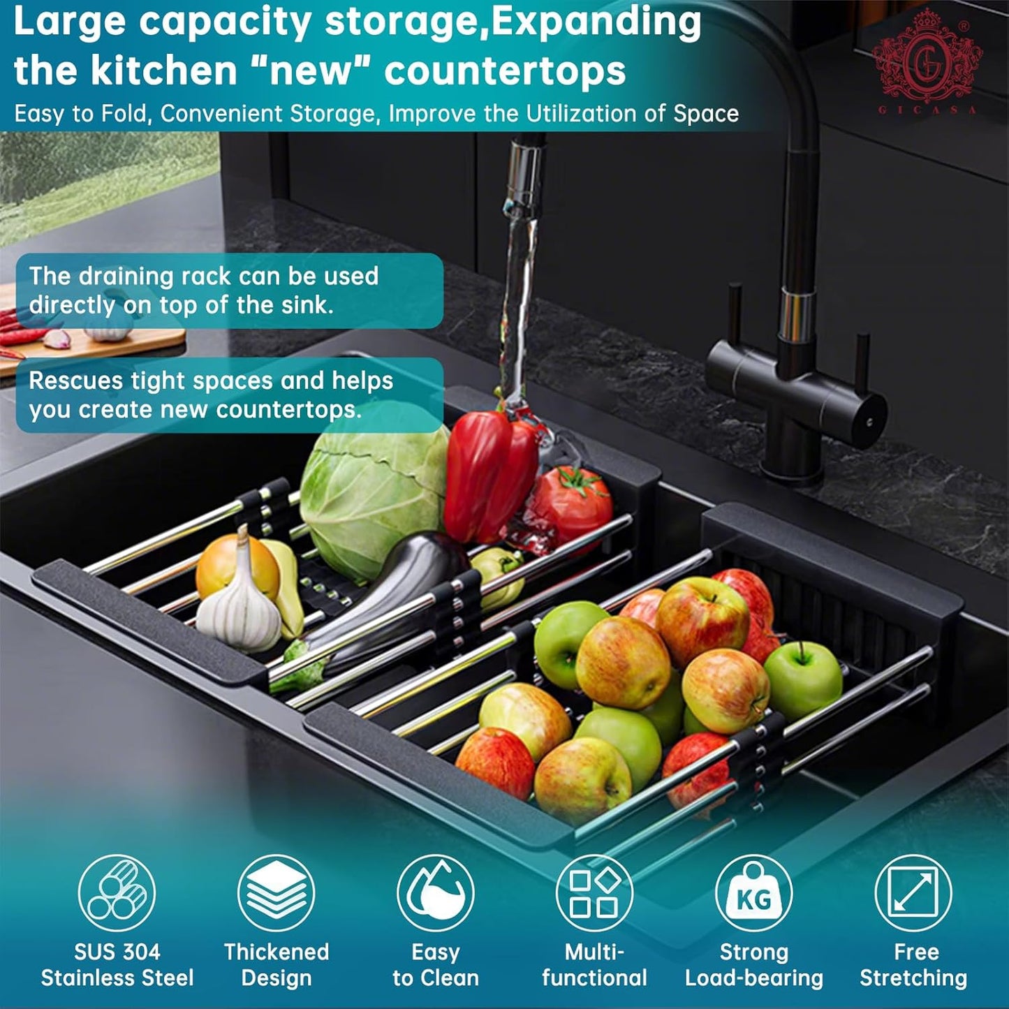 Kitchen Multi-Function Retractable Sink Dish Drying Rack, Stainless Steel Drainer for 10.7"-17" Sinks, Kitchen Countertop Organizer for Dishes, Vegetables, and Fruits (Black & Small)