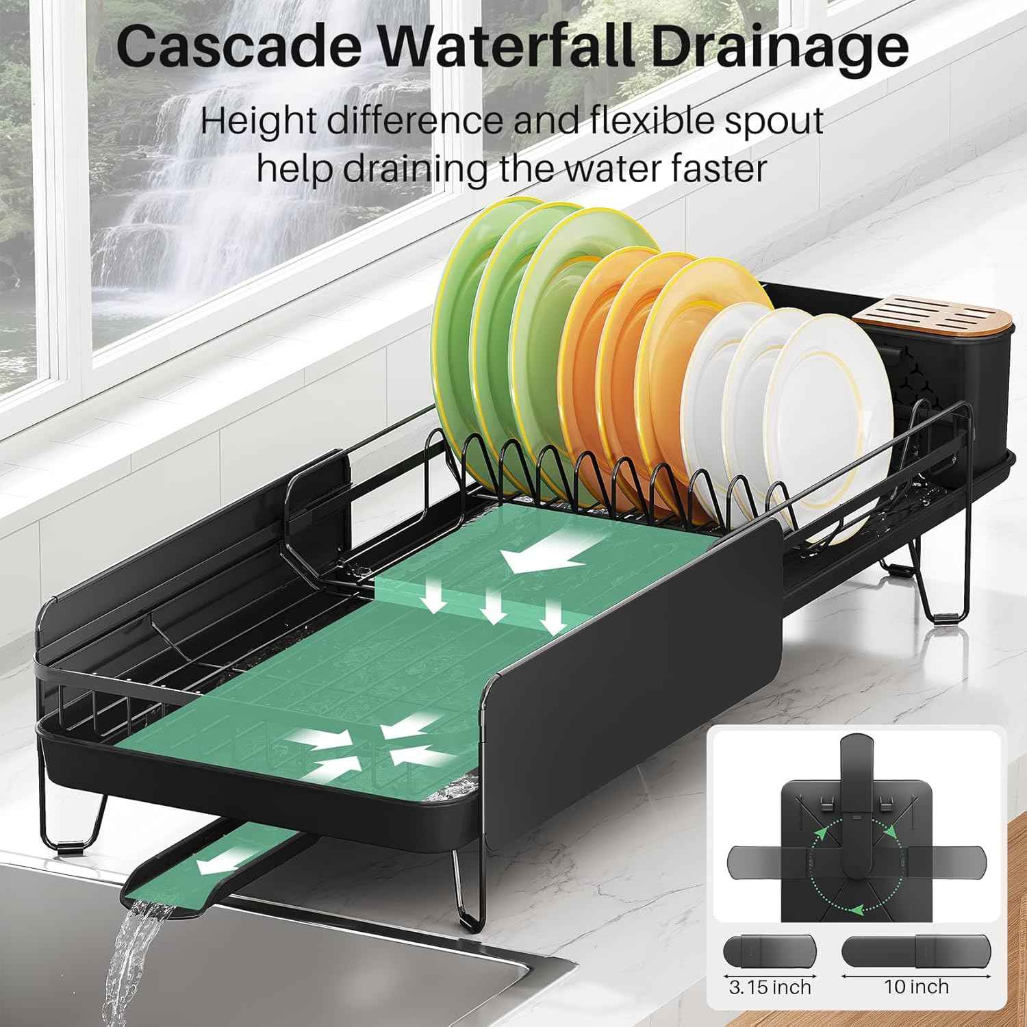 SNTD Dish Drying Rack - Large Dish Racks for Kitchen Counter, Expandable Dish Drainers with Cutlery Holder Stainless Steel Rustproof, Black