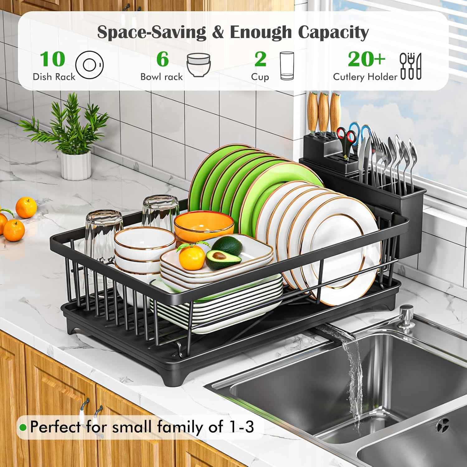 Kmiectse Dish Drying Rack - Space-Saving Small Dish Rack for Kitchen Counter, Rust-Resistant Kitchen Drying Rack, Compact Dish Drainer Organizer with Utensil Holder for Home Kitchen, Black