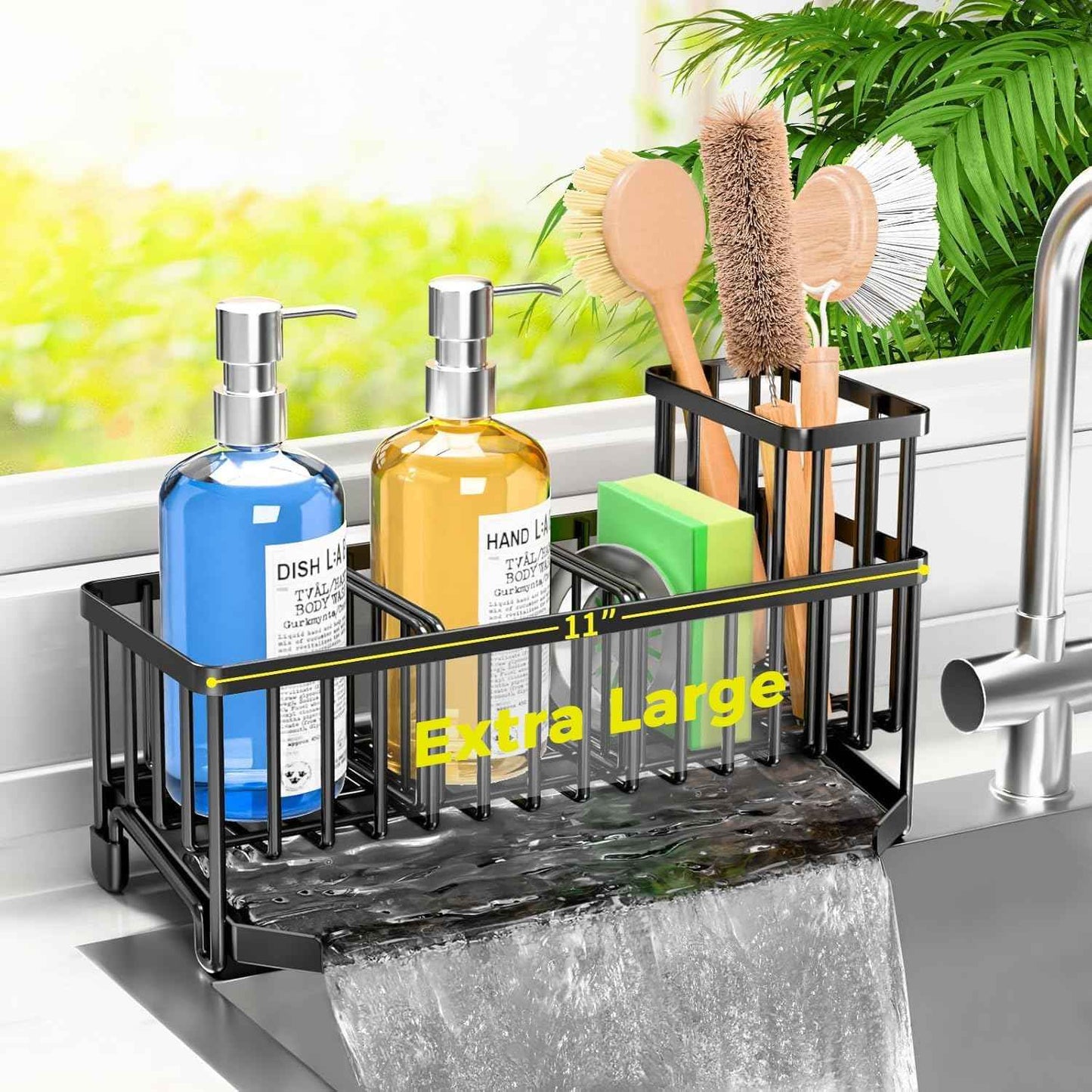TomCare Extra Large 11'' Sink Caddy With Drain Tray Non-slip Kitchen Sink Organizer With 2 Adjustable Dividers High Brush Holder Rustproof Sponge Holder Kitchen Storage Accessories for Counter