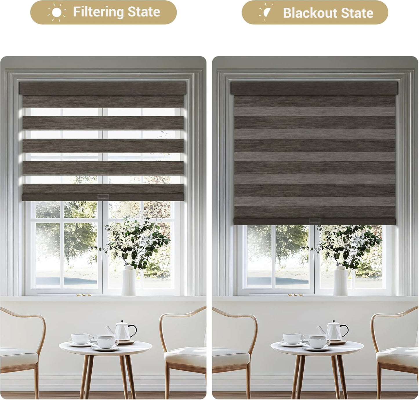 Cordless Zebra Blinds for Windows, Blackout Interior Blinds,Easy to Install,UV Protection,for Offices and Home,Custom Roller Shades, Mousse Dark Bown,79" W x 36" H