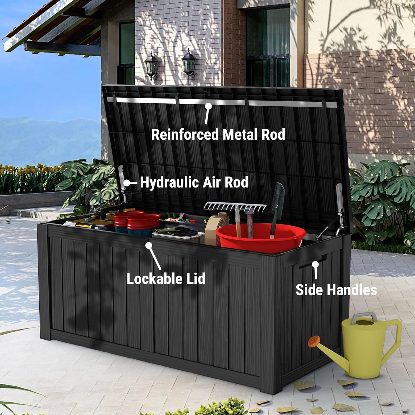 Mars Villa 119 Gallon Outdoor Storage Box Waterproof, Large Resin Deck Box for Pool Supplies Storage, Outdoor Patio Furniture Cushions, with Hydraulic Hinge, UV-Resistant and Weatherproof, Black