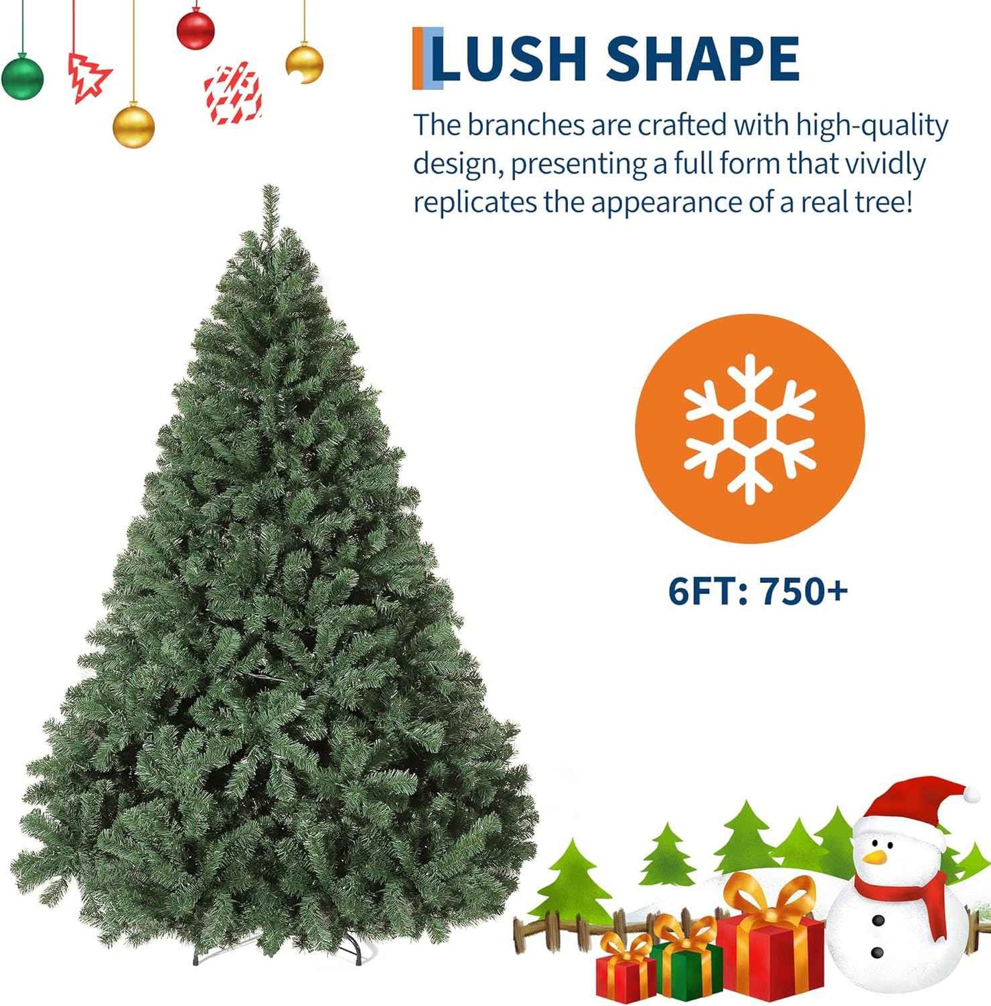 6ft Artificial Christmas Tree, Premium Spruce Hinge Material, Holiday Christmas Tree with Metal Hinges and Collapsible Base for Home Gatherings and Office Decorations