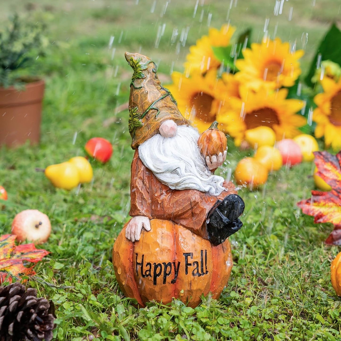 Topadorn Fall Garden Gnome Figurine Sitting on Pumpkin Statue Autumn Harvest Garden Gnomes Statue Figurine for Patio Yard Lawn Porch Decoration, Happy Fall