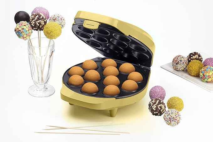 Bestron Cake Pop Maker, Waffle Maker for 12 Cake Pops, Including Cake Pop Butler, 12 Sticks & Fork, with Non-Stick Coating & Indicator Light, 700W, Colour: Yellow