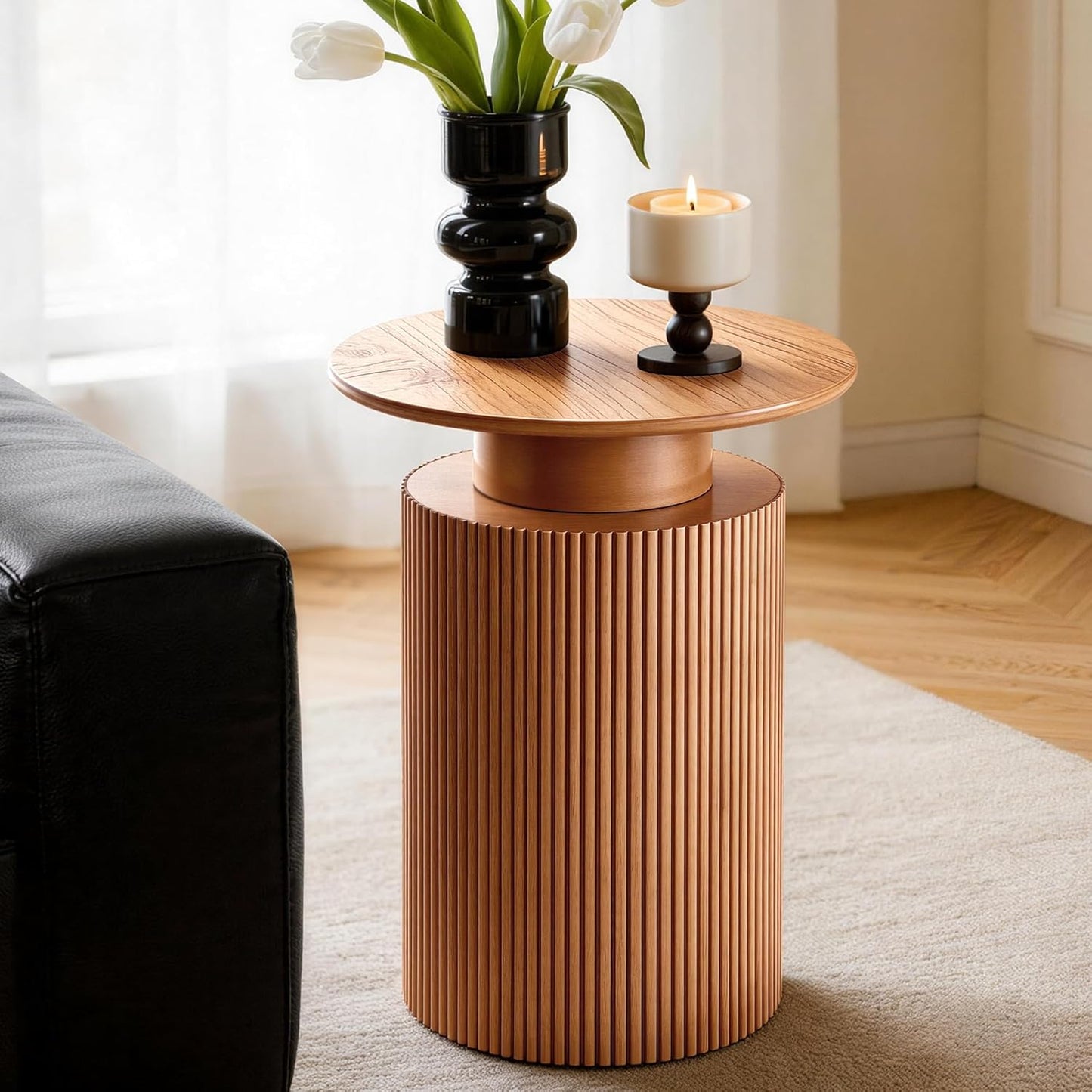 Round Side Table, 24" Fluted End Table with Storage, Mid Century Nightstand Modern Wood Bedside Accent Table, Farmhouse Circle End Tables for Couch, Home, Small Spaces, Bedroom, Living Room