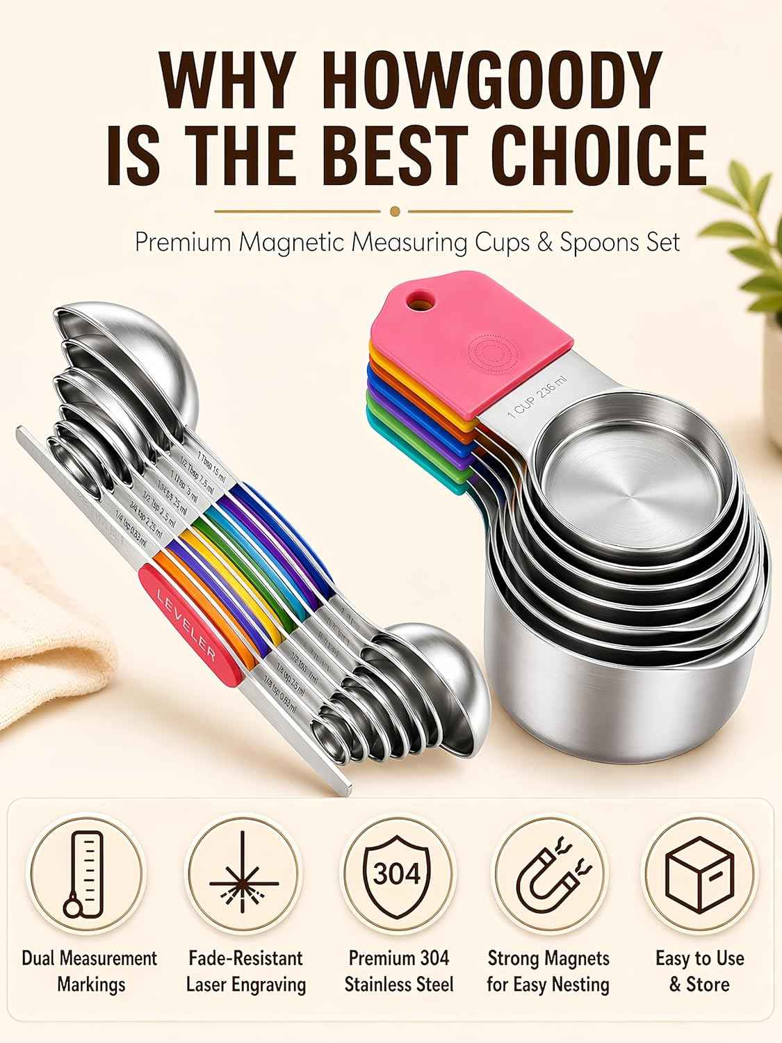 Magnetic Measuring Cups and Spoons Set304 Stainless Steel Dual Scale Set of 15, Strong N52 Magnetic Nesting Design with Leveler, for Dry&Liquid Ingredients, Dishwasher Safe(Colorful)