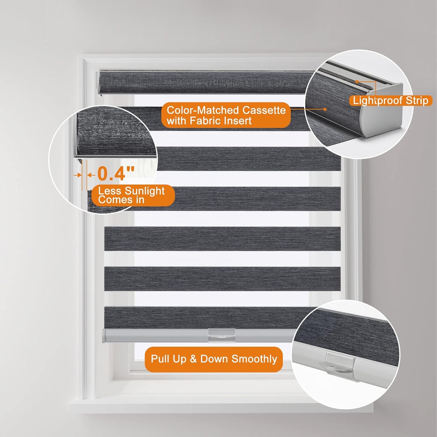 Persilux Custom Size Cordless Zebra Blinds for Windows with Jacquard Pattern Privacy Protection Roller Shades Light Filtering Sheer Window Shades for Home, Office and Door Dark Grey