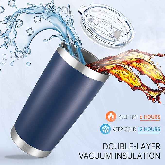 20 oz Tumblers Bulk Stainless Steel Tumbler with Lid Double Wall Vacuum Insulated Coffee Mug 20oz Powder Coated Cup for Hot and Cold Drinks, Navy, 12 pack