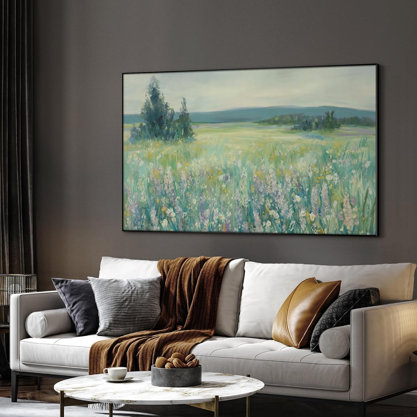 SIGNWIN 36"x60" Extra Large Framed Wall Art Wildflower Meadow Landscape Soft Pastel Nature Illustration for Home Living Room Bedroom Decor (Frame Assembly Required)