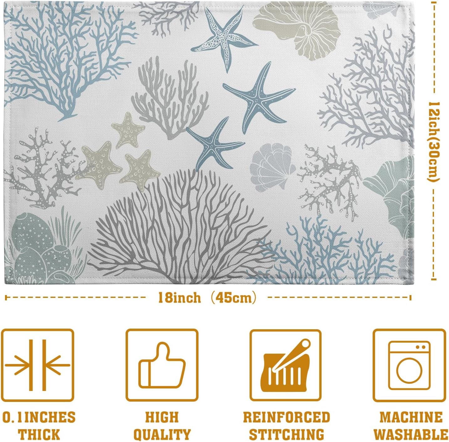 Summer Linen Placemats Set of 4 Nautical Coastal Theme Washable Non-Slip Heat Resistant Table Place Mat 12×18 Inch Ocean Beach Blue Grey Coral Starfish Place Mats for Kitchen Dining Table