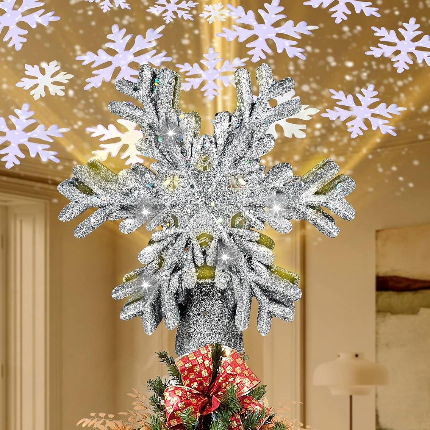 Christmas Tree Topper Lighted with Snowflake Projector, LED Rotating 3D Glitter Tree Topper for Christmas Tree, Christmas Decorations Lights (Silver)